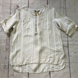 Ellen Tracy L Large Beige 100% Linen Tunic Top Roll Tab Sleeve Gold Tassel Zip